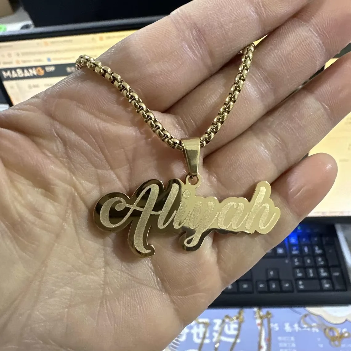 Custom Engraved Name Necklace Stainless Steel Bead Chain Gold Personalized Nameplate Jewelry for Men Women