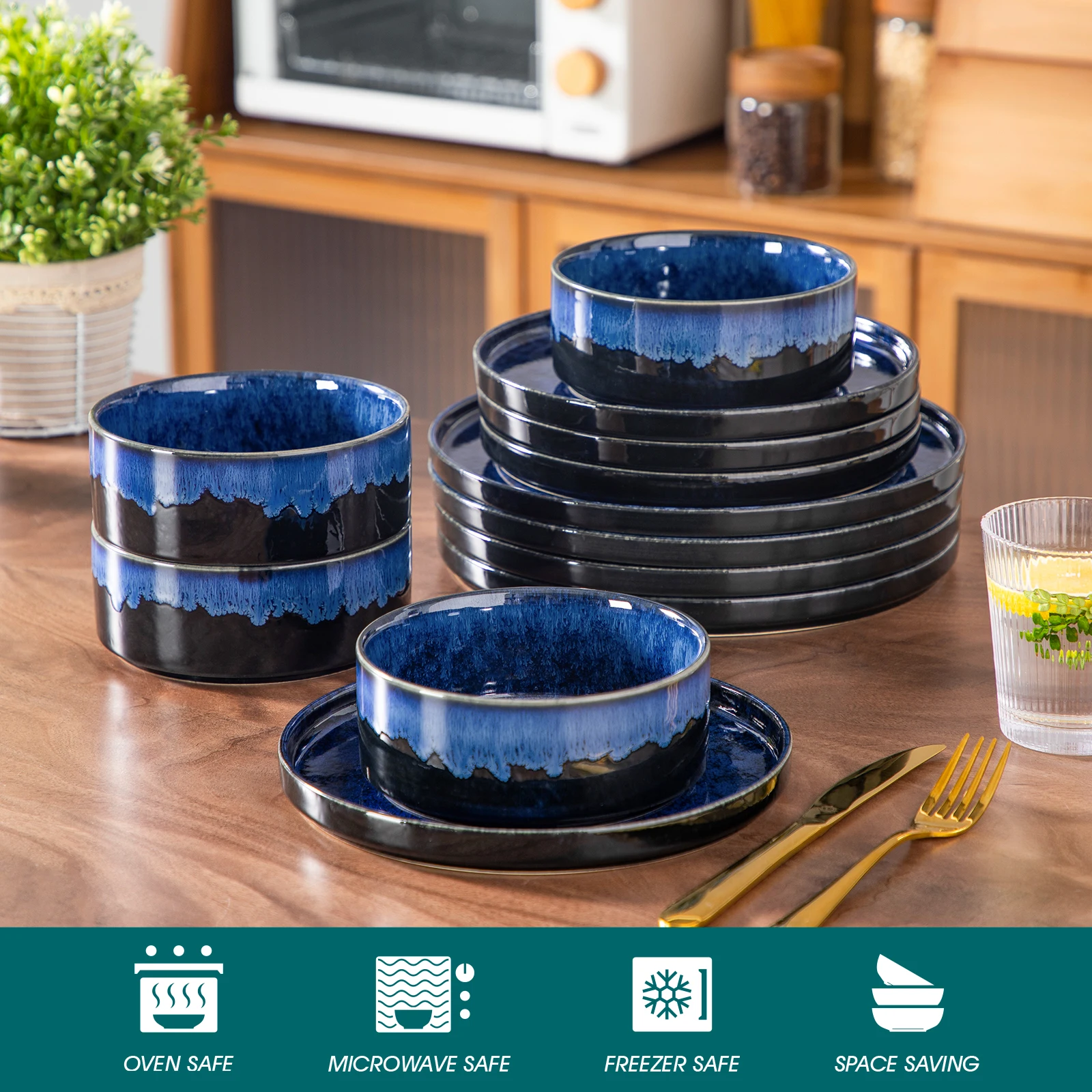 Vancasso 12/24/36-Piece Dinnerware Set - Black & Blue Reactive Glaze with Plates, Bowls & Desserts - Image 4