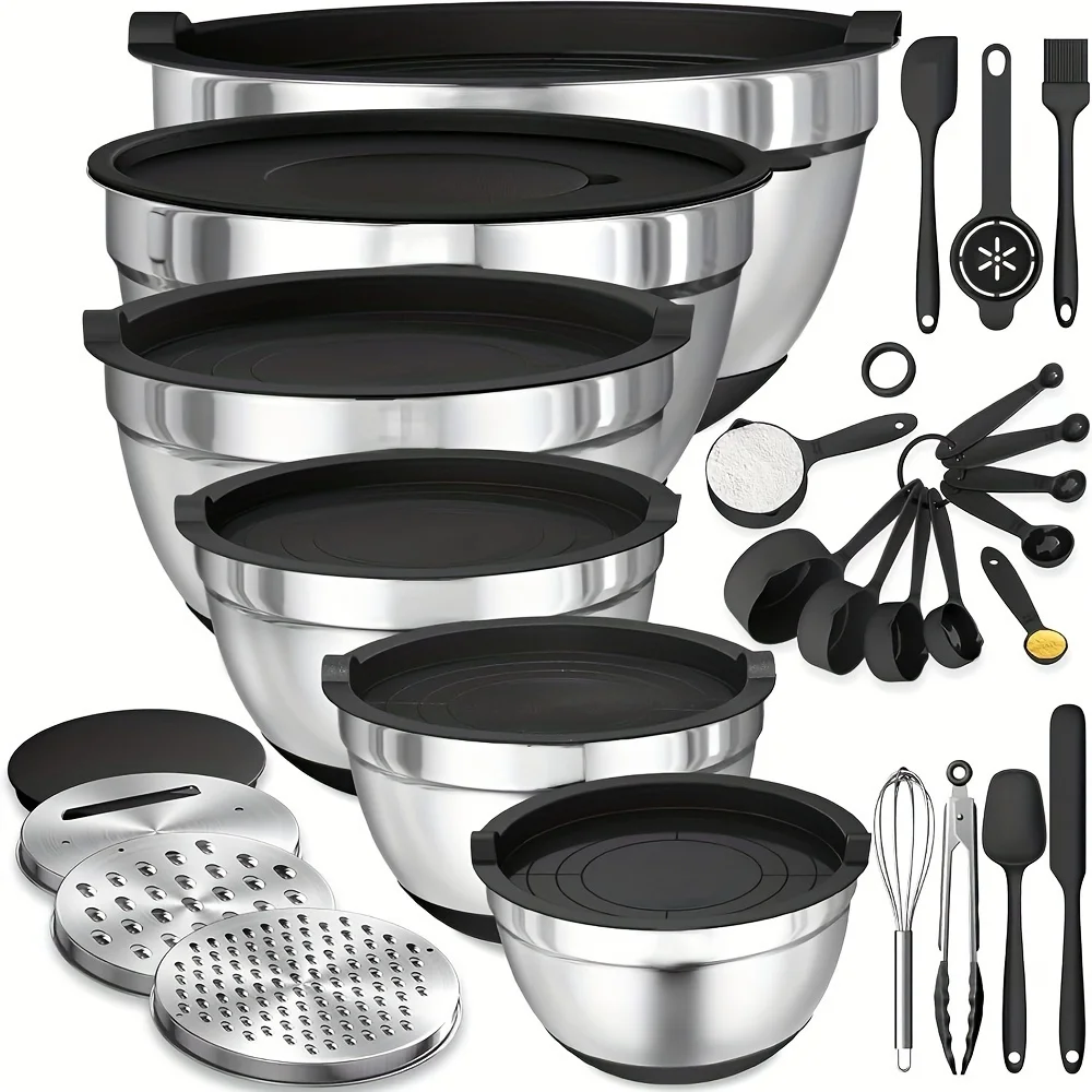 17pcs Stainless Steel Mixing Bowl Set with Lids, Grater Attachment & Non-Slip Base