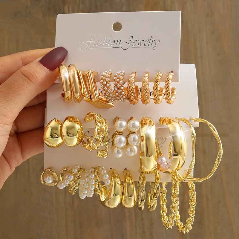 Vintage Gold Pearl Geometric Earrings Set – Heart, Square & Round Dangle Styles
