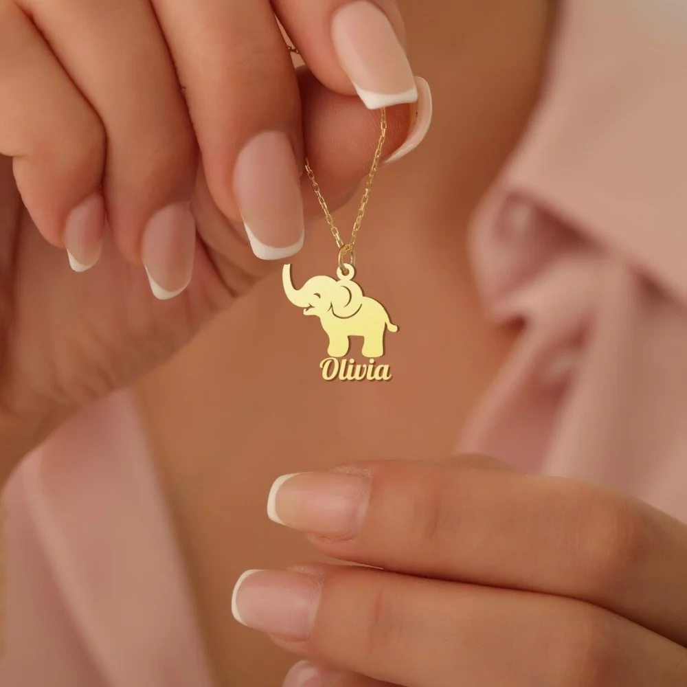 Custom Cute Elephant Name Necklace Personalized Stainless Steel Simple Nameplate Jewelry for Women