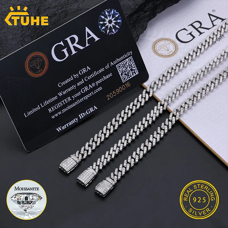 TUHE Unisex 6mm VVS1 D Color Moissanite Cuban Chain Bracelet S925 Silver Men Hip Hop Jewelry