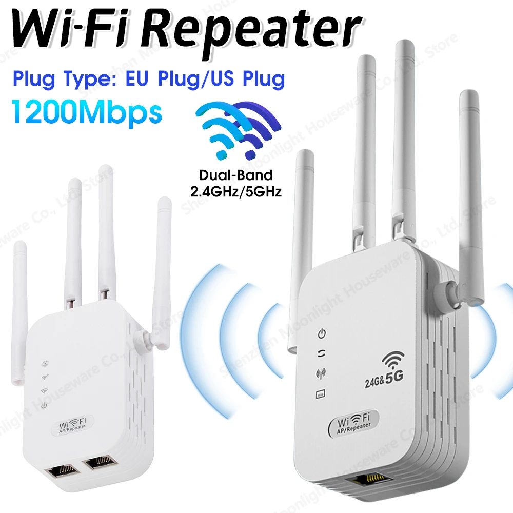 1200Mbps WiFi Repeater Range Extender Dual-Band 2.4G 5G Signal Booster