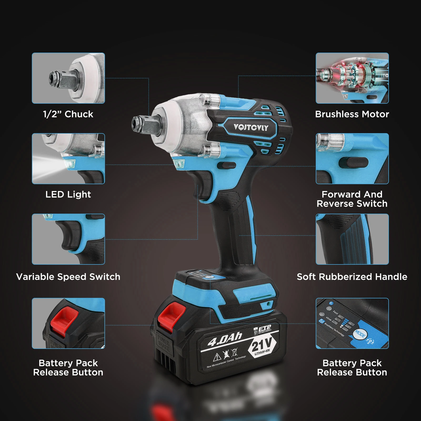 21V Cordless Brushless Impact Driver Kit – 1/2” Wrench, 2×4.0Ah Batteries, 7 Drills & 5 Sockets Set - Image 6