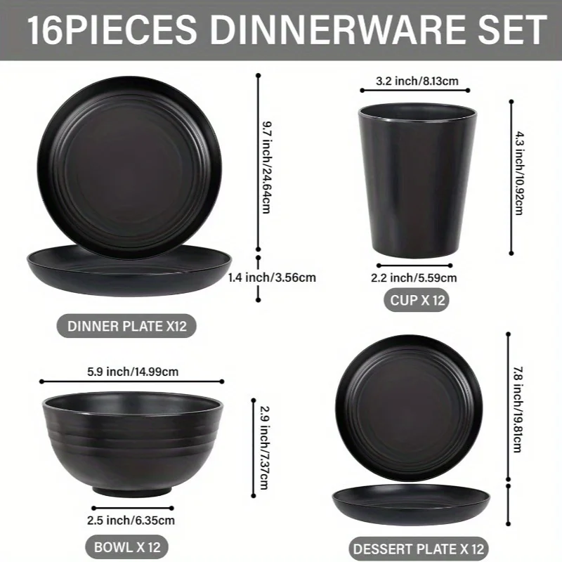 Valentine's Day 16-Pack Wheat Straw Dinner Plates & Reusable Cutlery Set, Black - Image 3