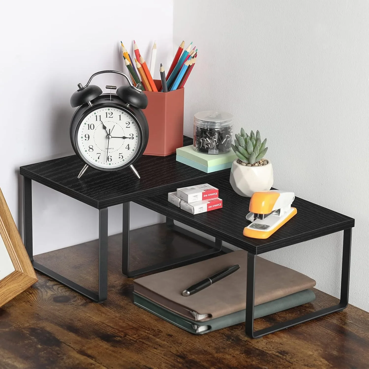 Set of 4 Wooden Stackable Kitchen Shelves – Expandable Industrial Black Countertop Organizer - Image 6