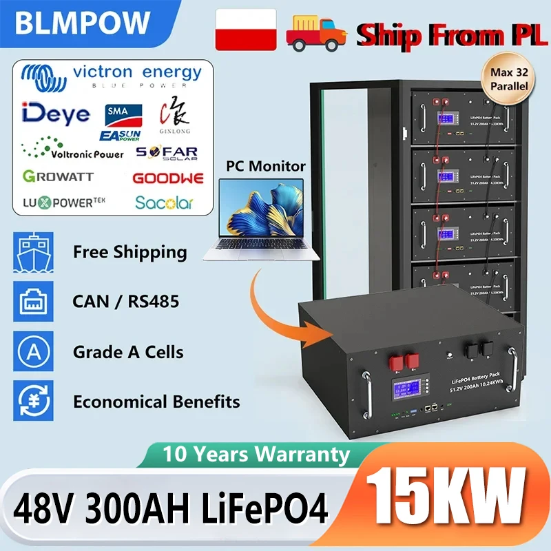 LiFePO4 48V 300AH 15KWH Battery 51.2V 100AH 200AH Lithium Solar Battery 6000+ Cycles With 16S 200A BMS For Inverter EU Stock