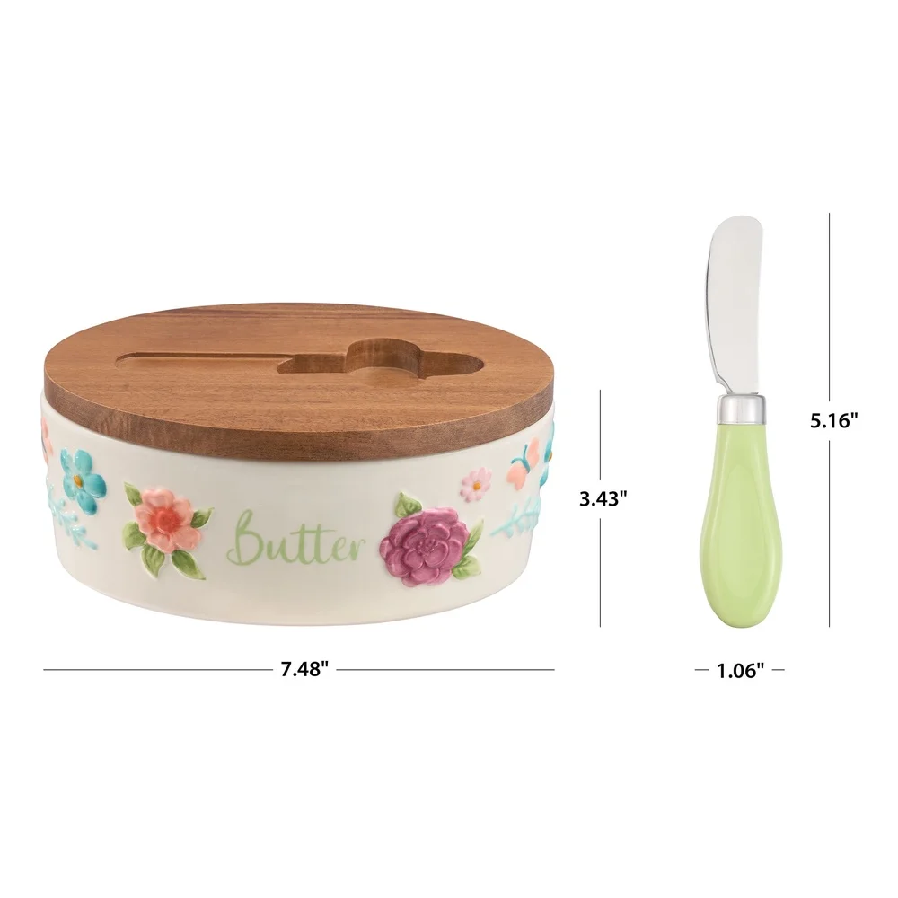 Painted Meadow Butter Dish Set - Acacia Wood Lid, Floral Embossed Stoneware with Knife - Image 3