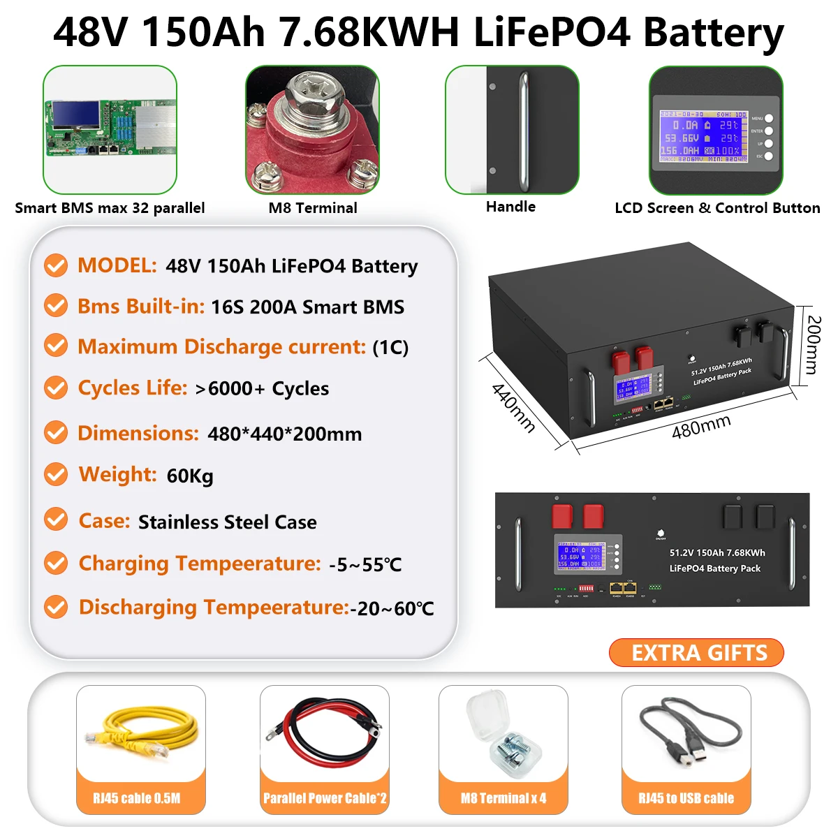 48V 200AH 150AH 100AH LiFePO4 Battery Pack 51.2V 10KW Lithium Solar Battery Rechargeable Battery 6000+ Cycles For Home Storage - Image 9