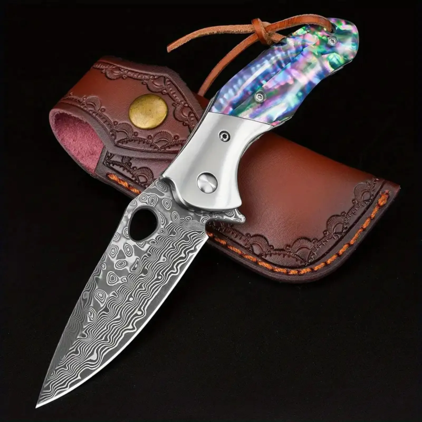 High-Quality Damascus Steel Folding Fruit Knife – Manual Rotation, Compact Design - Image 5