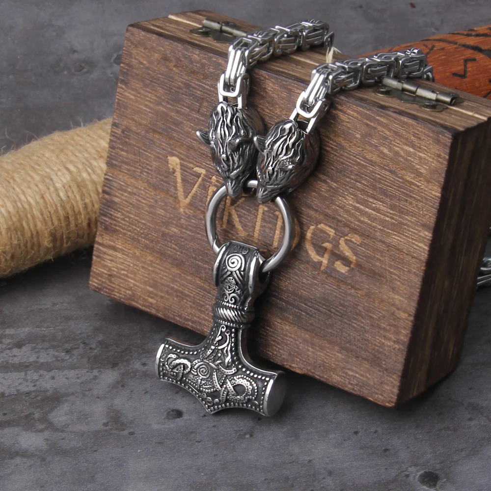 Viking Thor Hammer Pendant Titanium Steel Wolf Head Chain Retro Viking Jewelry