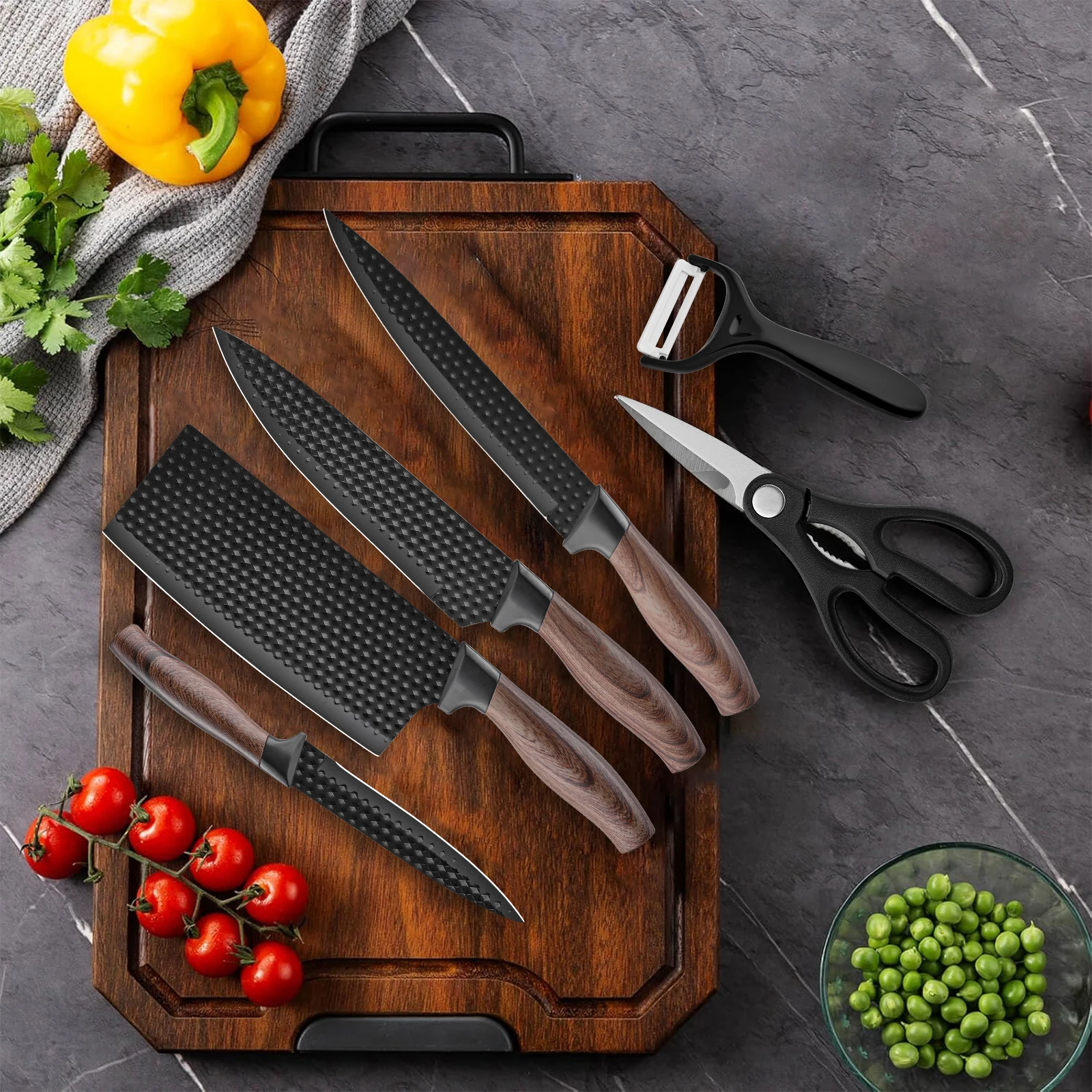 Professional 6-Piece Kitchen Knife Set – High Carbon Stainless Steel Chef, Slicing, Utility, Scraper, and Scissors