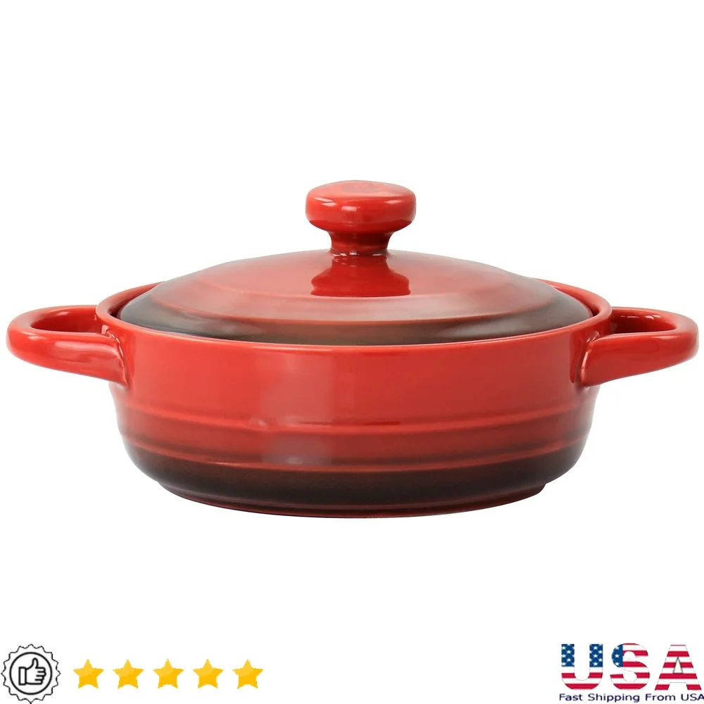 Mini Red Gradient Stoneware Casserole Baker with Lid – Oven Safe Durable Dish with Handles