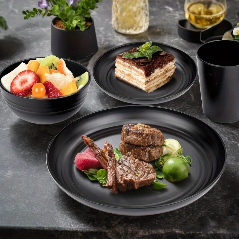 Valentine's Day 16-Pack Wheat Straw Dinner Plates & Reusable Cutlery Set, Black - Image 6