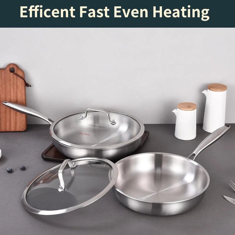Tri-Ply Stainless Steel Frying Pan Set with Lids – 8" & 10" Induction Compatible Skillets - Image 6