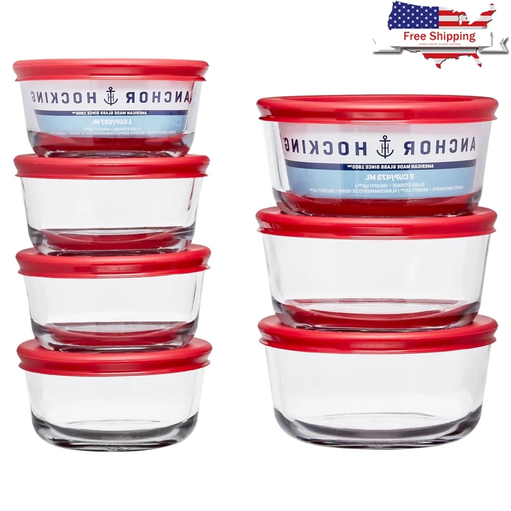 14-Piece Clear Glass Food Storage Set, Non-Toxic, Stackable, Microwave & Dishwasher Safe with Red Lids