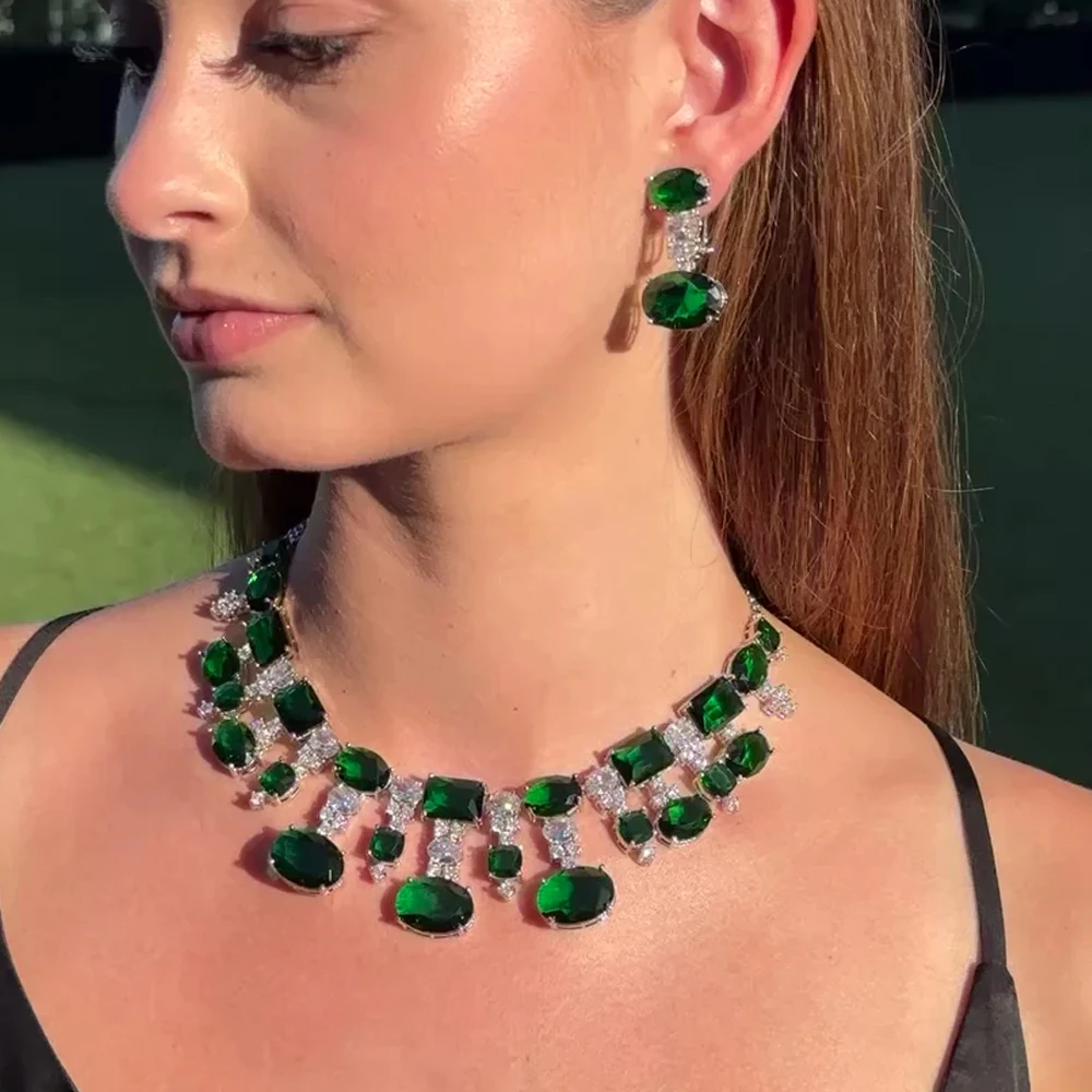 Luxury Green Crystal Bridal Jewelry Set – Zircon Necklace & Earrings