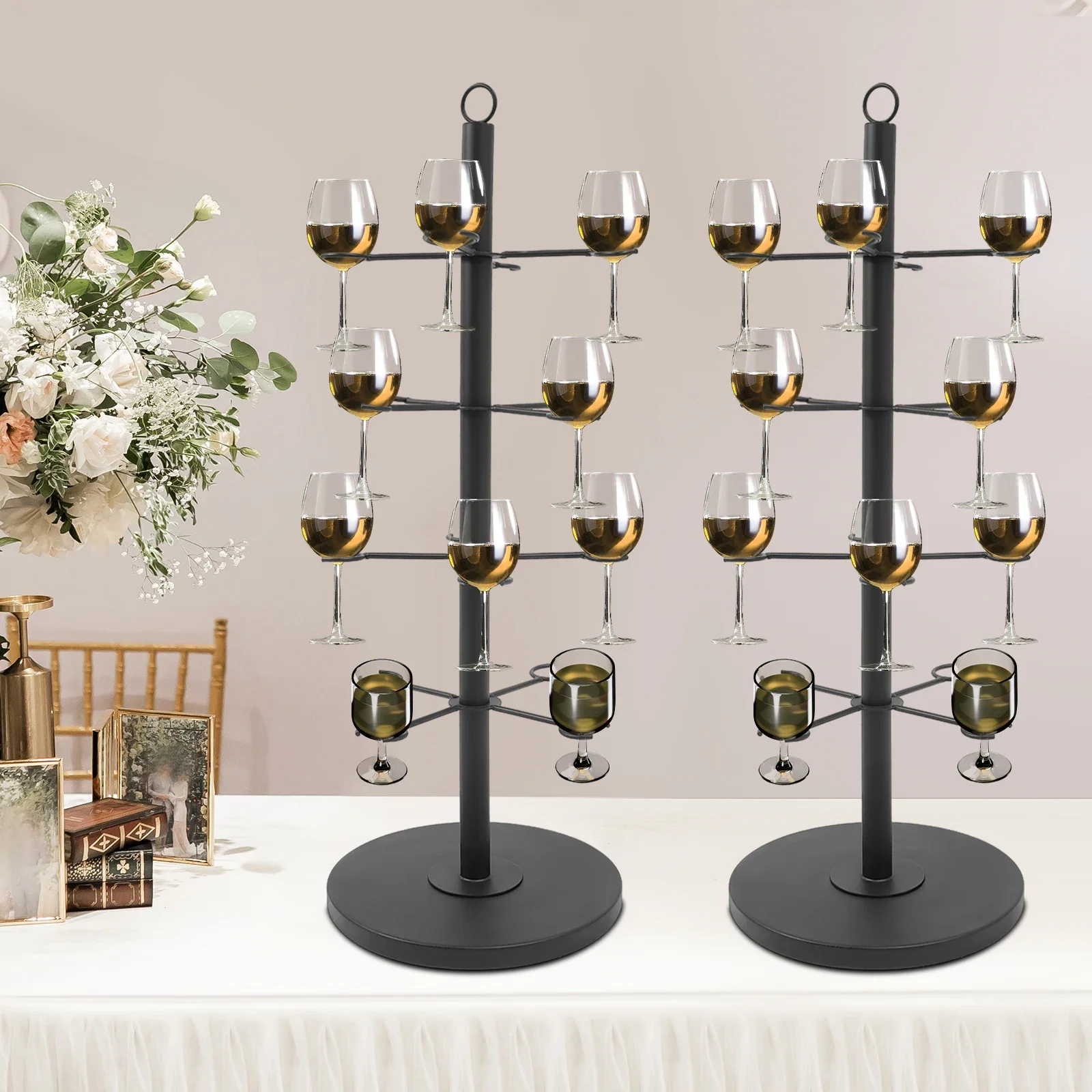 Modern 2-Tier Champagne Stand – Black Steel Wine Glass Holder, 16 Glasses per Tier, Round Base for Tabletop Display