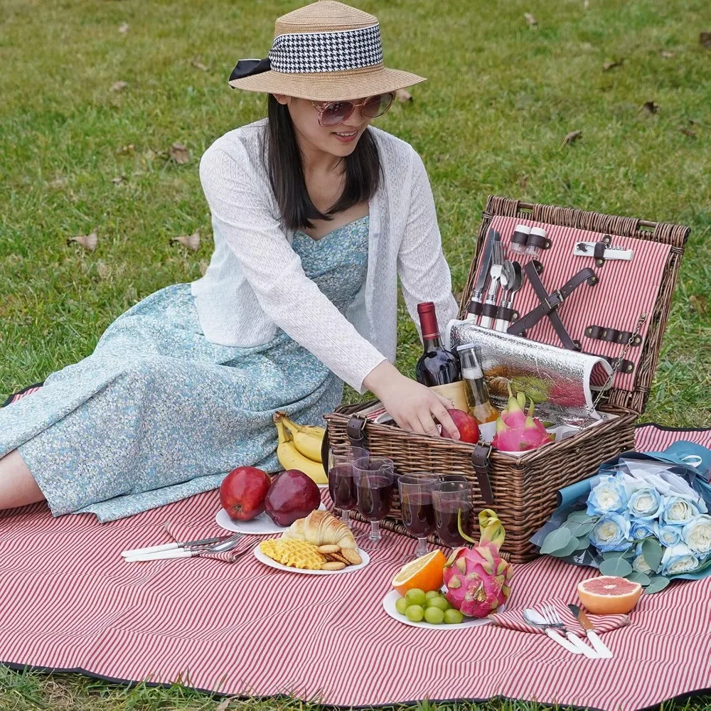 Picnic Basket Set for 4 - Wicker with Cooler & Waterproof Blanket, Classic Design - Image 6
