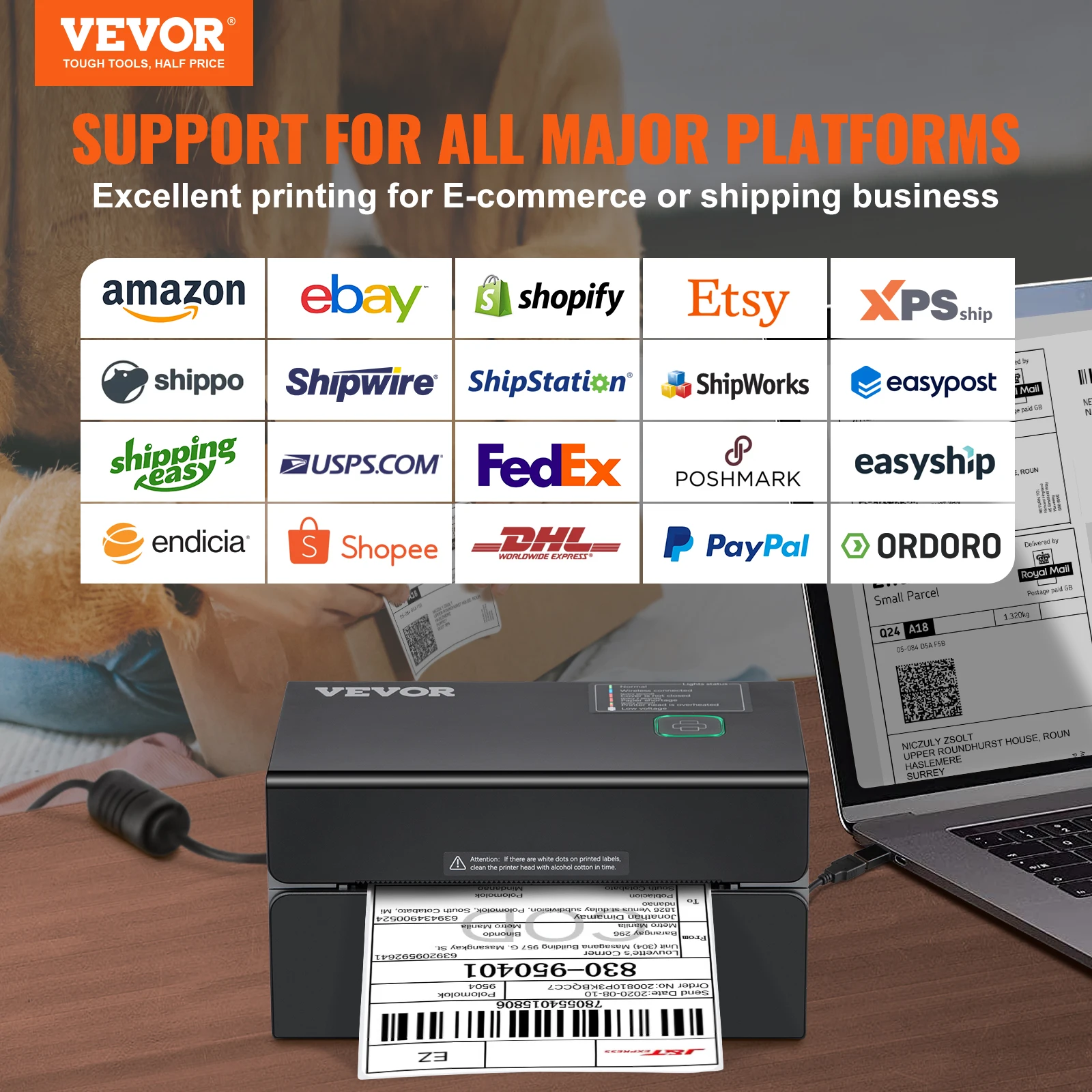 VEVOR 300DPI Thermal Label Printer for 4x6 Shipping Packages Bluetooth - Image 2