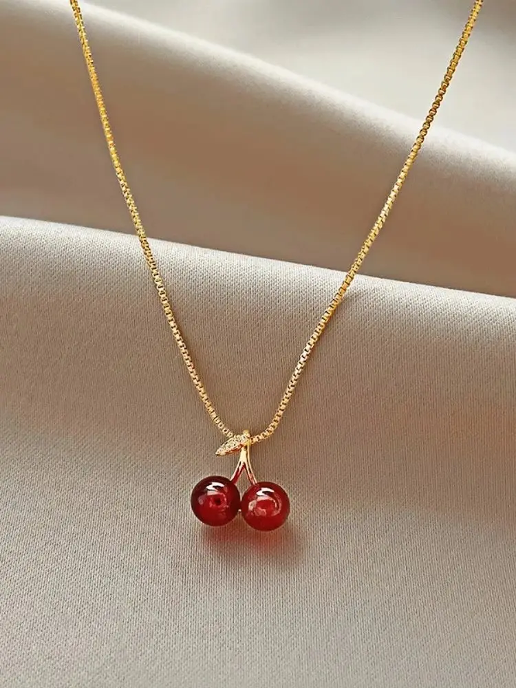 Wine Red Cherry Pendant Necklace – Golden Chain Jewelry Gift for Women - Image 7