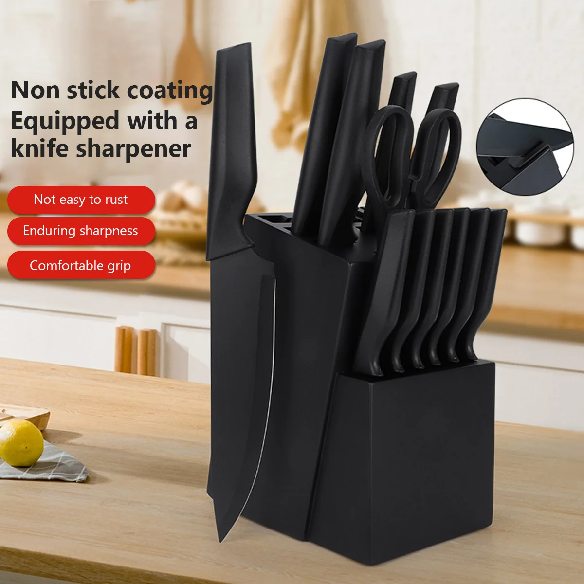 14-in-1 Stainless Steel Kitchen Knife Set - Non-Stick Chef, Slicing, Steak Knives & Scissors with Holder