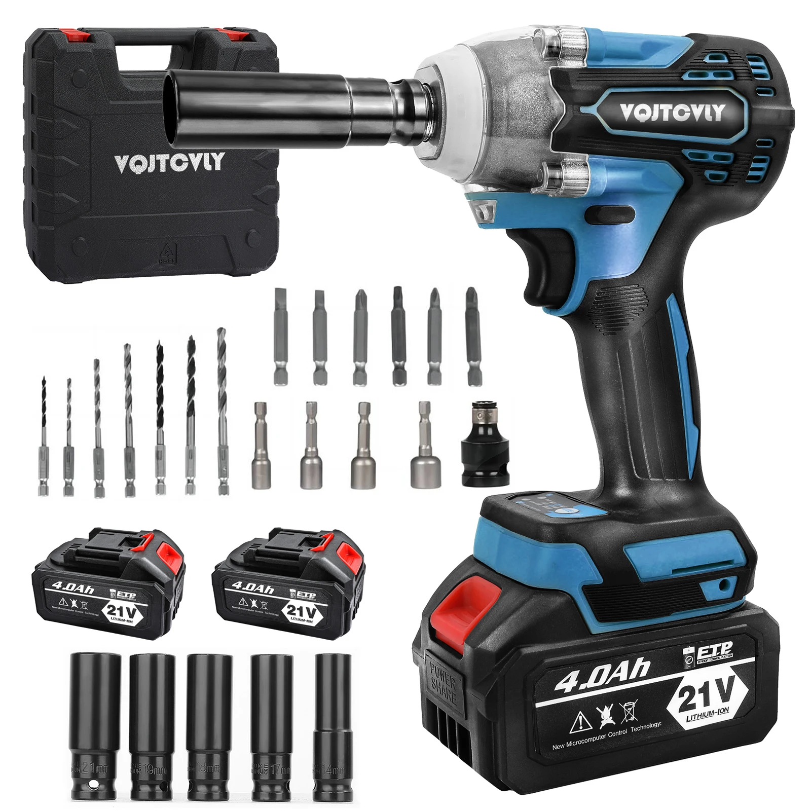 21V Cordless Brushless Impact Driver Kit – 1/2” Wrench, 2×4.0Ah Batteries, 7 Drills & 5 Sockets Set