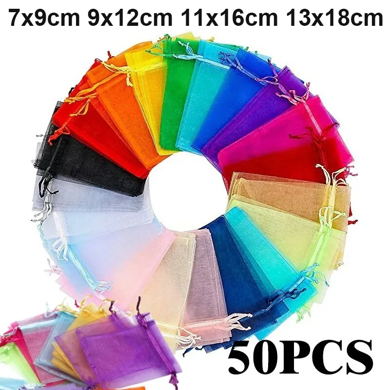 50pcs Multicolor Organza Jewelry Bags – Multi-Size Drawstring Gift Storage Pouches