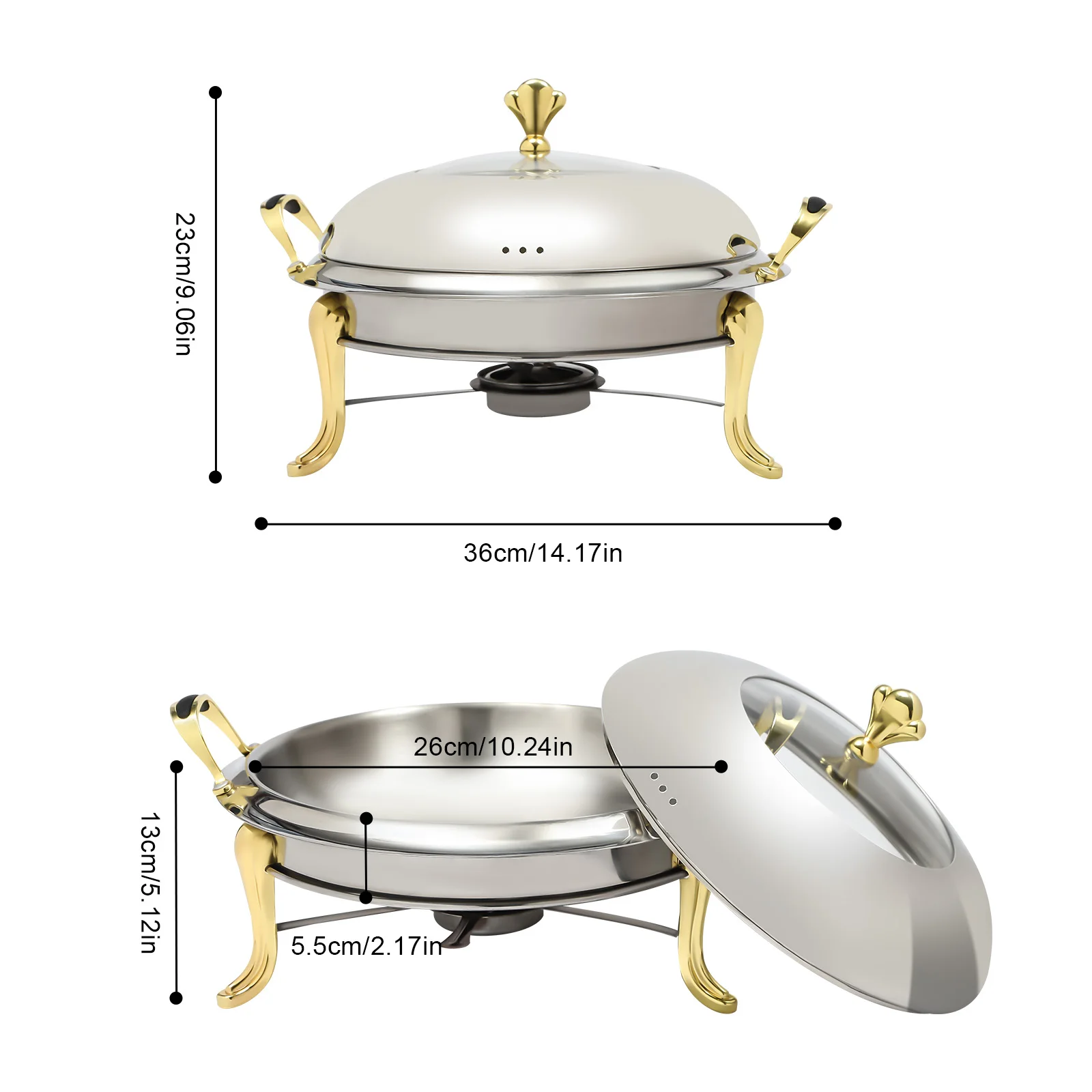 Gold 26cm Round Stainless Steel Chafing Dish – 2.5L Buffet Warmer with Fuel Holder - Image 2