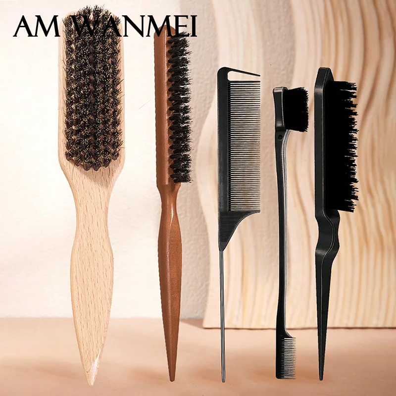 Professional Wood Mane Bristle Hair Brush – Teasing Comb & Beard Shaving Brush Set