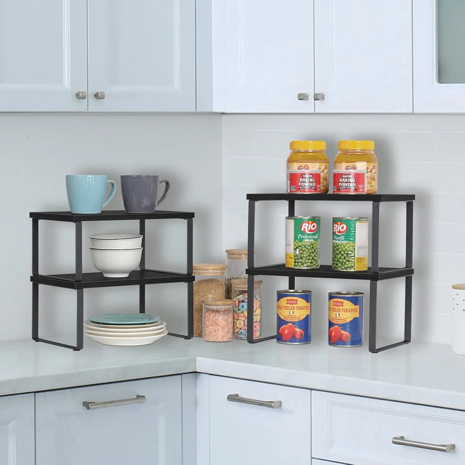 Set of 4 Wooden Stackable Kitchen Shelves – Expandable Industrial Black Countertop Organizer - Image 4