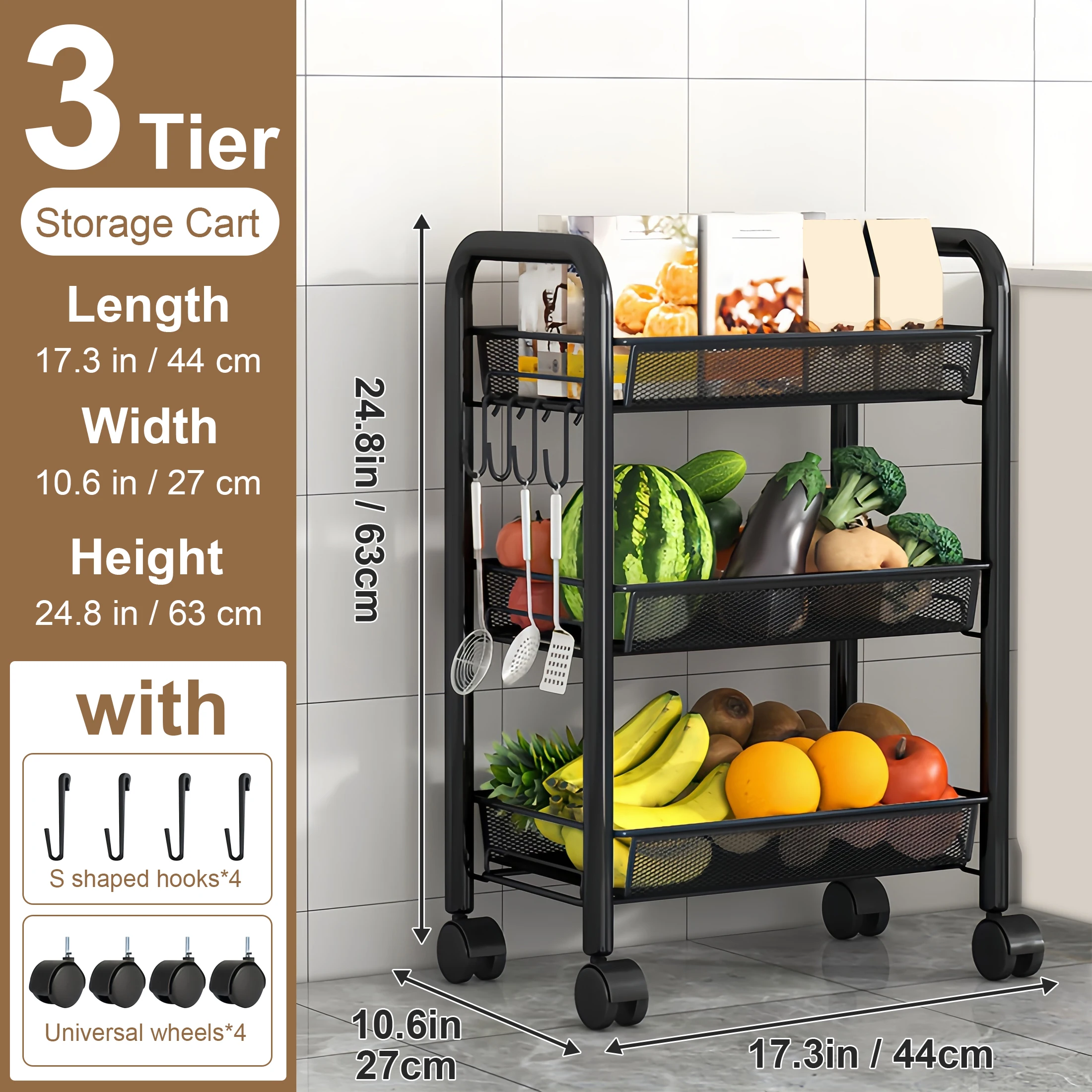 Stackable Metal Kitchen Storage Cart with Wheels – 5-Tier Fruit & Vegetable Organizer - Image 3