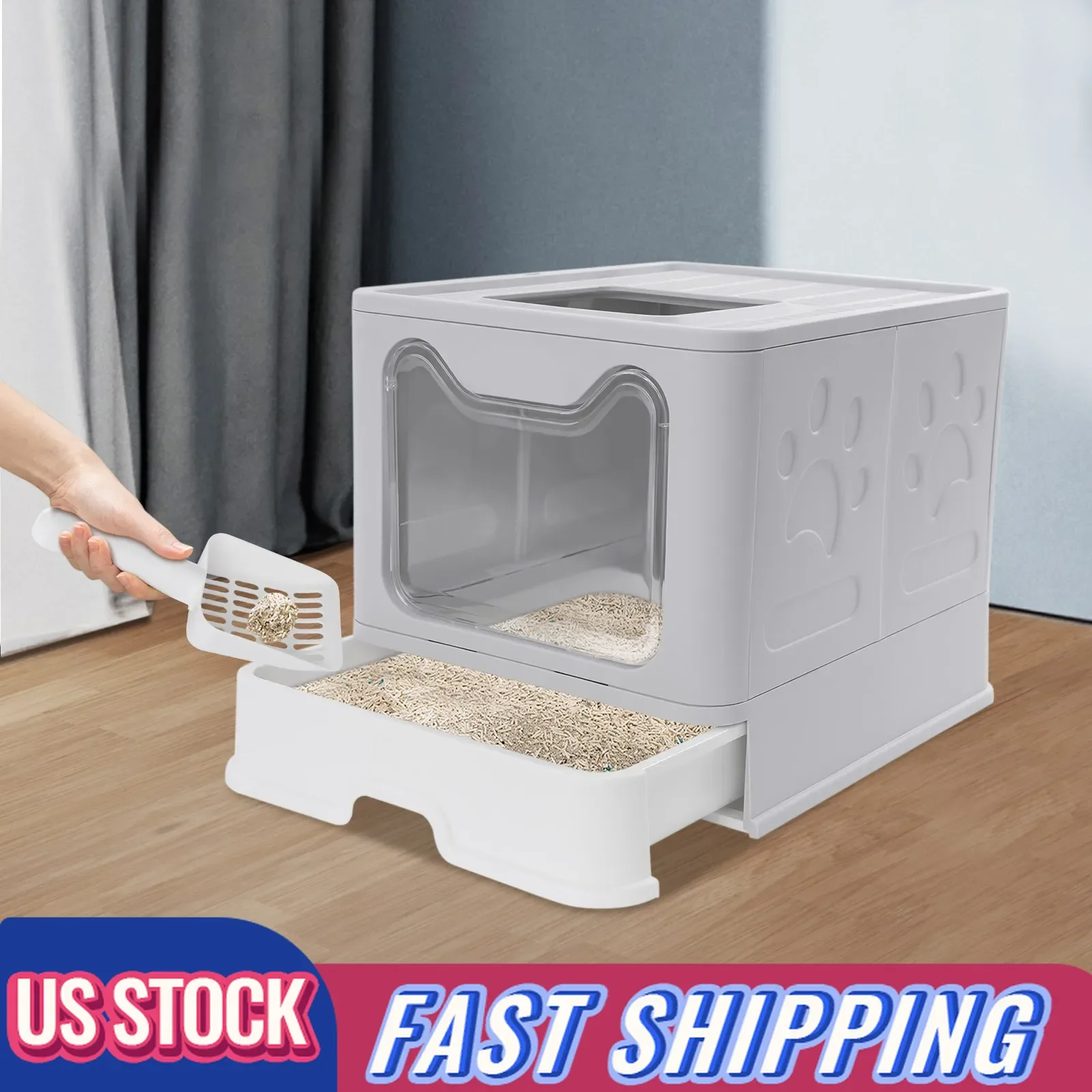 PP Modern Foldable Cat Litter Box, Enclosed Design, 15kg Capacity, Large Entrance for Senior Cats (Grey)