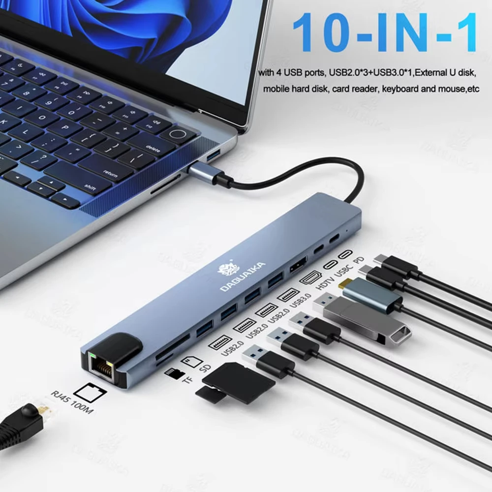 10-in-1 USB-C Hub 4K30Hz Docking Station, PD100W, Ethernet for MacBook/iPad