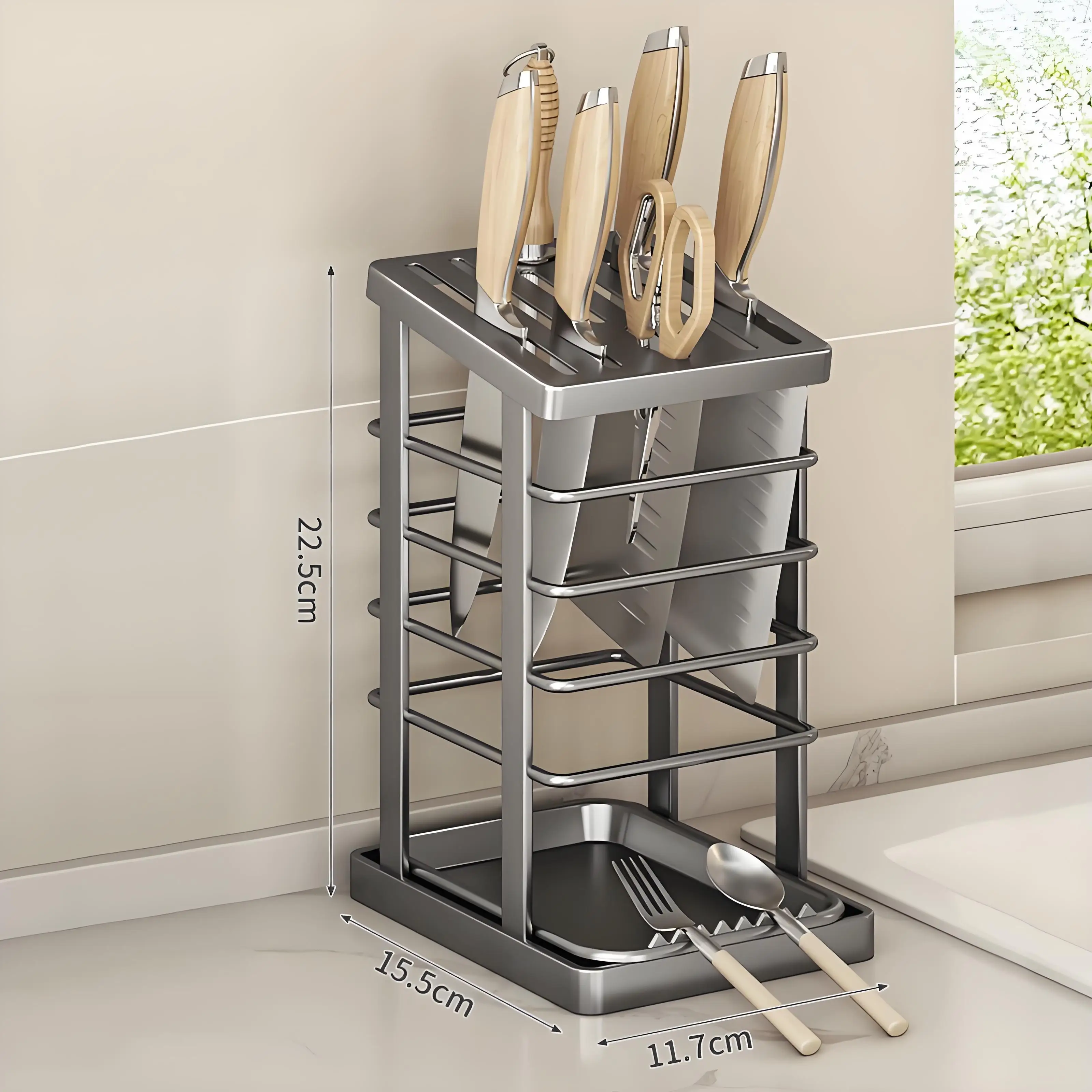 Stainless Steel Knife Holder with Tray – Large Chef Knife & Scissor Storage Rack