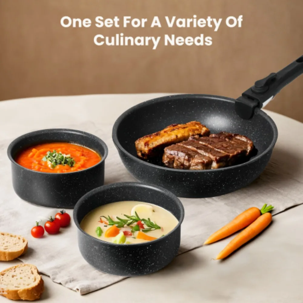 12-Piece Nonstick Cookware Set with Spatula & Detachable Handles – Black Kitchen Pots & Pans - Image 5