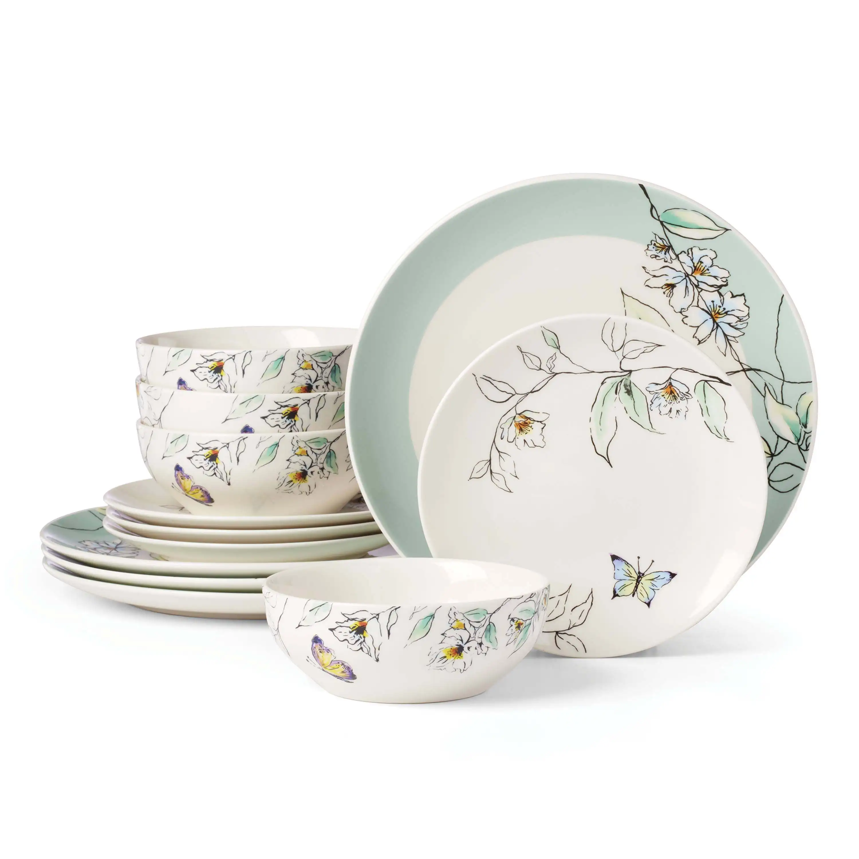 12-Piece Botanica Dinnerware Set – Porcelain Plates & Bowls, Service for 4