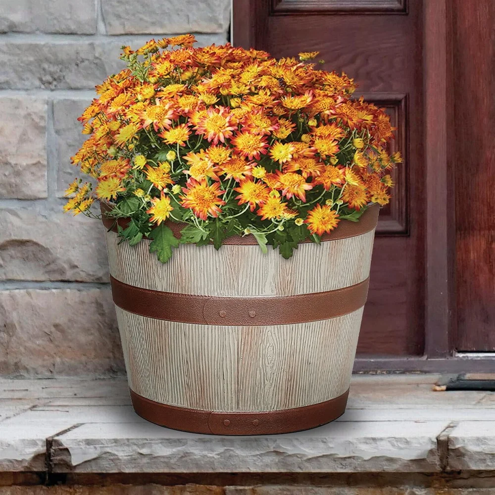 Resin Whiskey Barrel Planter – Lightweight, Frost-Resistant with Drainage Holes - Image 5