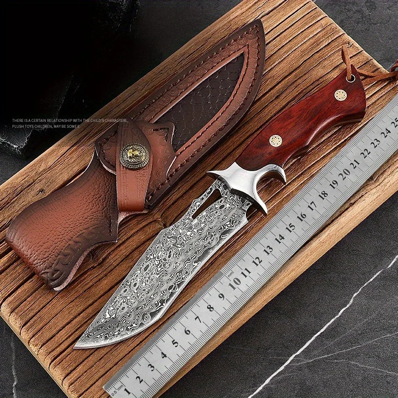 Handmade Large Damascus Fixed Blade Knife – Forged with Wooden Handle & Leather Sheath - Image 6