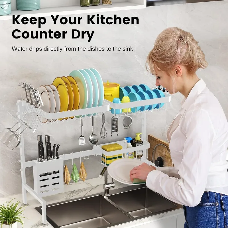 Over Sink Dish Drying Rack – Adjustable 25–33in, 2-Tier with Baskets & Utensil Holder - Image 5
