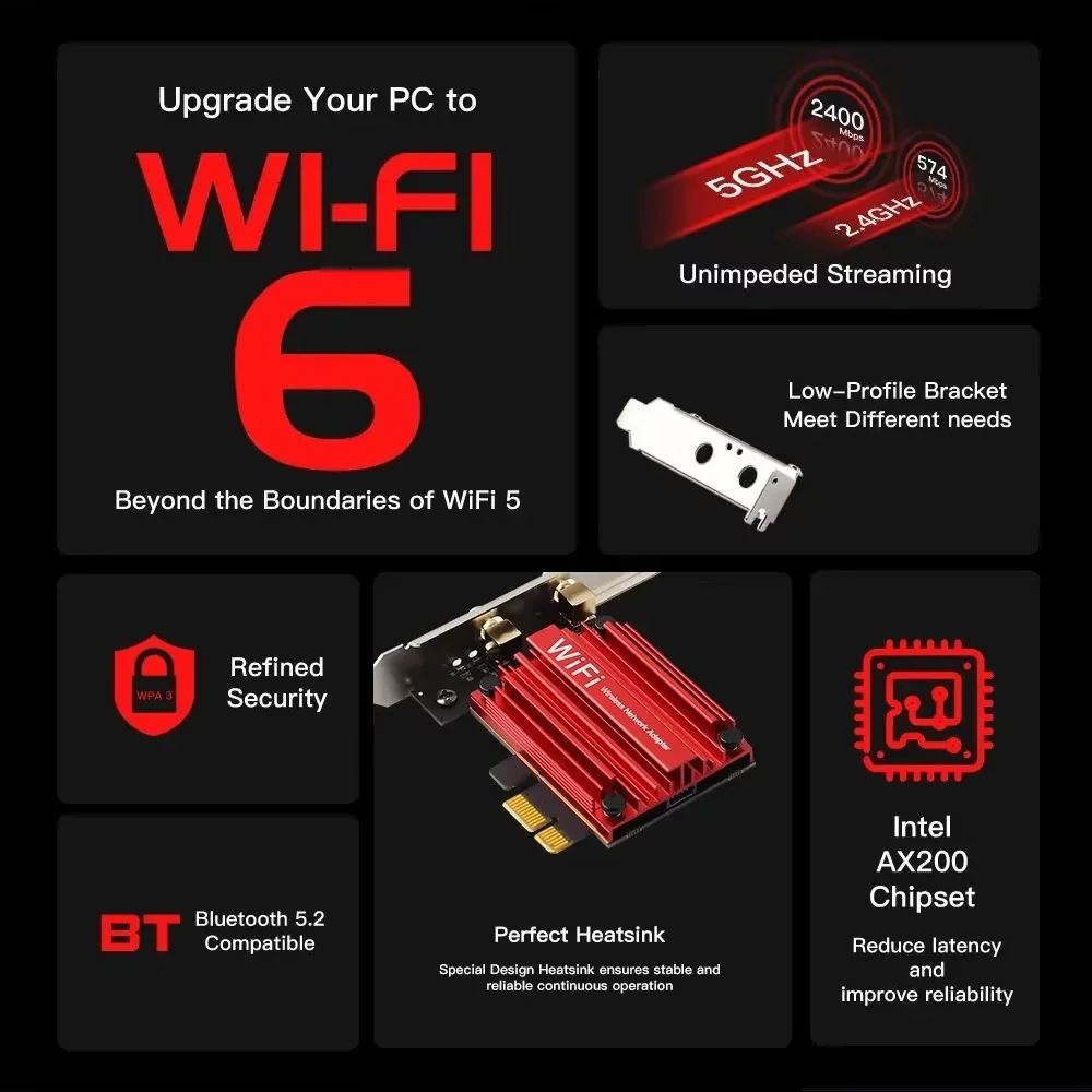 WiFi 6 AX200NGW Dual Band WiFi Adapter, Bluetooth 5.2, PCIe for Desktop - Image 5
