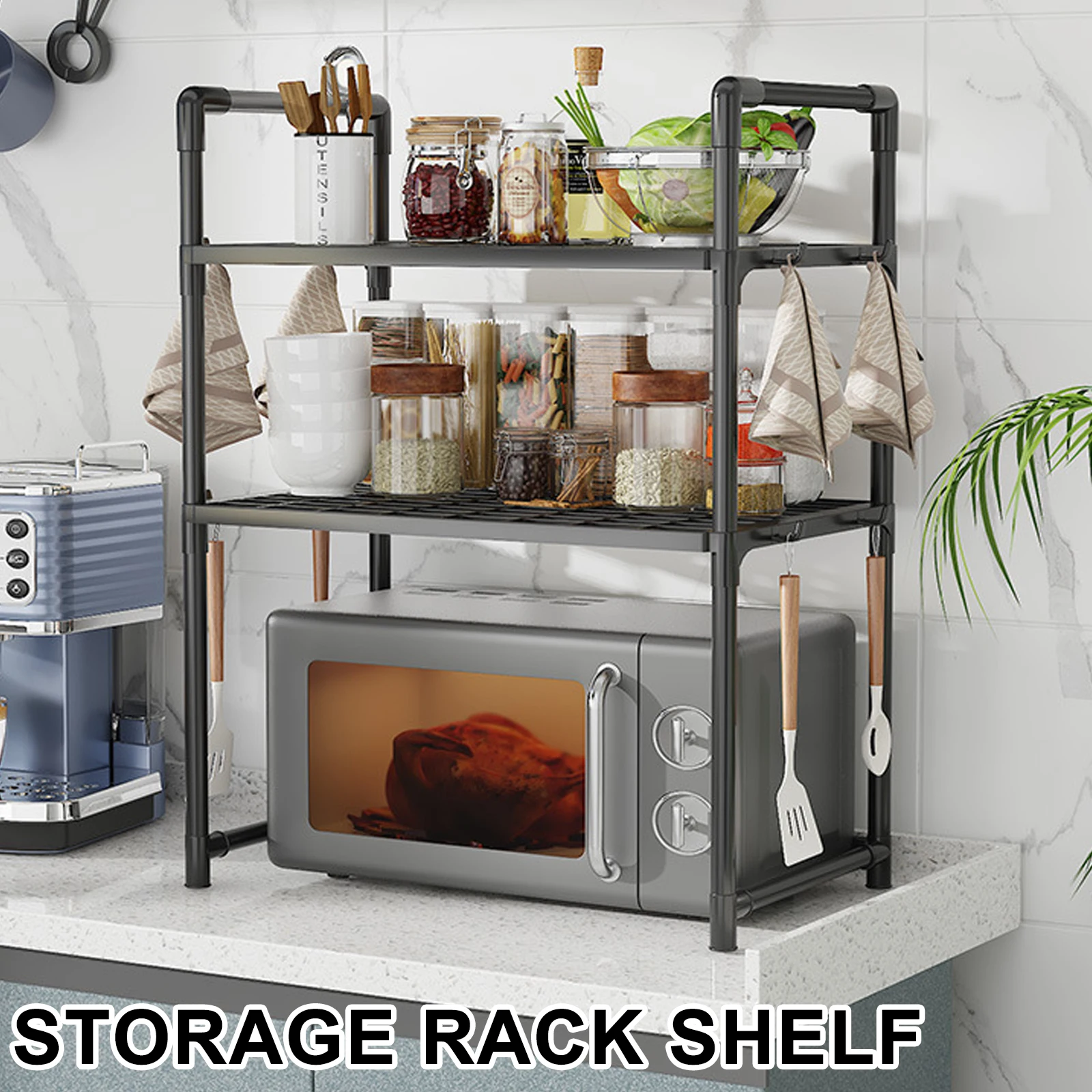 Expandable 2-Tier Microwave Rack – Adjustable Metal Shelf with Hooks for Kitchen Countertop