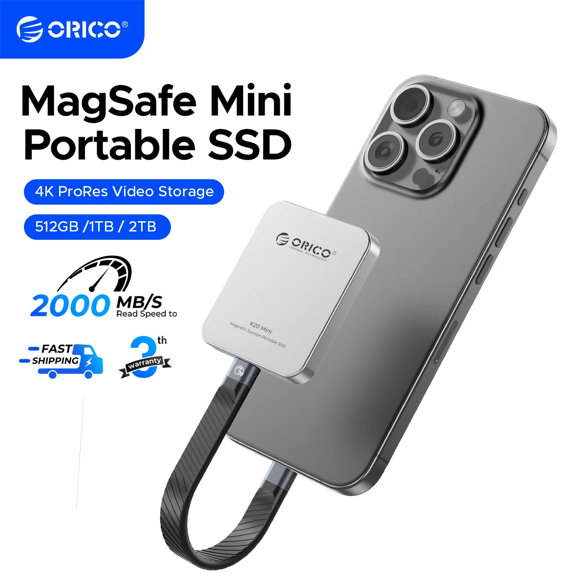 ORICO K20Mini Magnetic External SSD, 2000MB/s for iPhone 15/16 Pro, 4K HDR