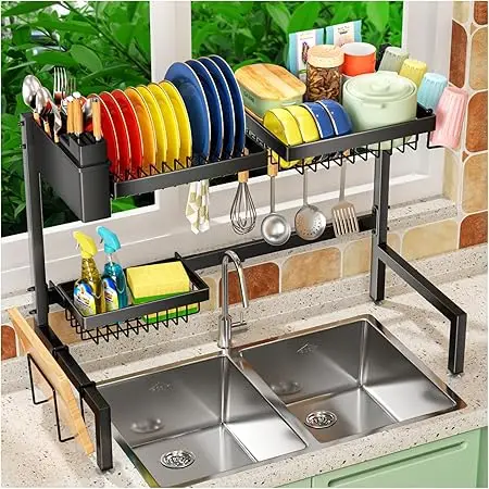 2-Tier Stainless Steel Dish Drying Rack with Utensil Holder – Large Capacity