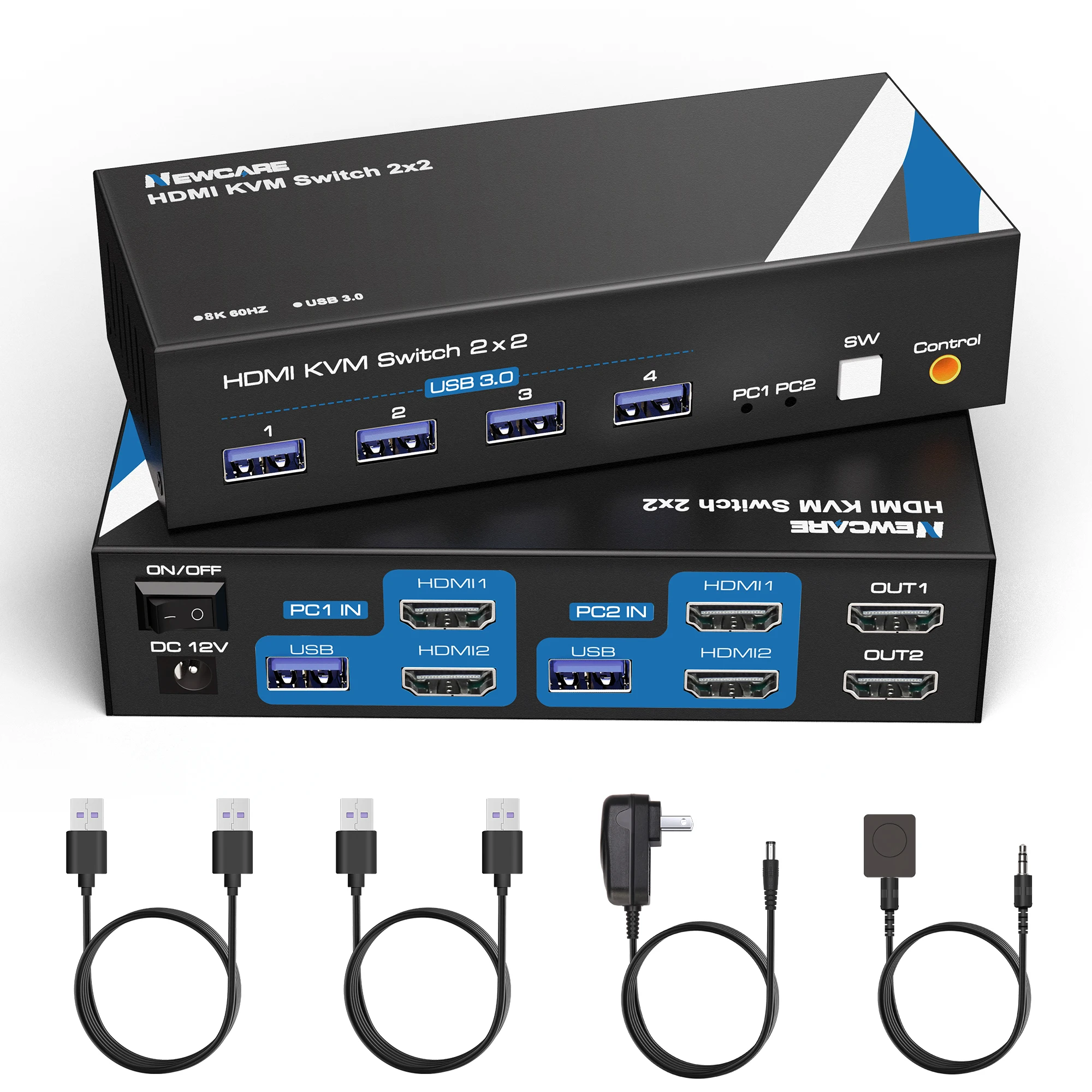 8K KVM Switch HDMI for Dual Monitors, 4K 120Hz, 2 PCs, 4 USB Ports, HDMI 2.1