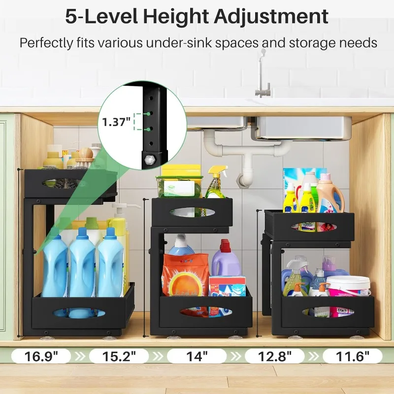 2-Pack Under Sink 2-Tier Pull-Out Organizer with Mesh Sliding Drawers – Cabinet Storage Shelves - Image 4