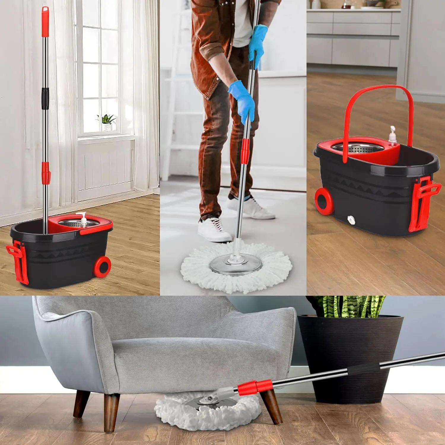 Spin Mop Bucket Set with Wheels & 61" Adjustable Handle – 360° Rotating Mop - Image 3