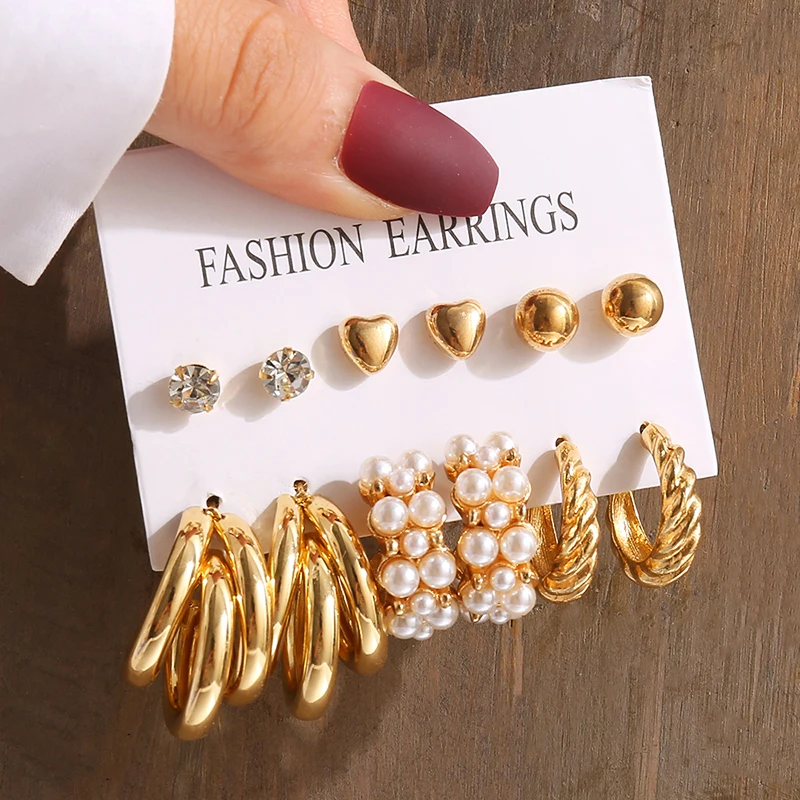 Vintage Gold Pearl Geometric Earrings Set – Heart, Square & Round Dangle Styles - Image 14