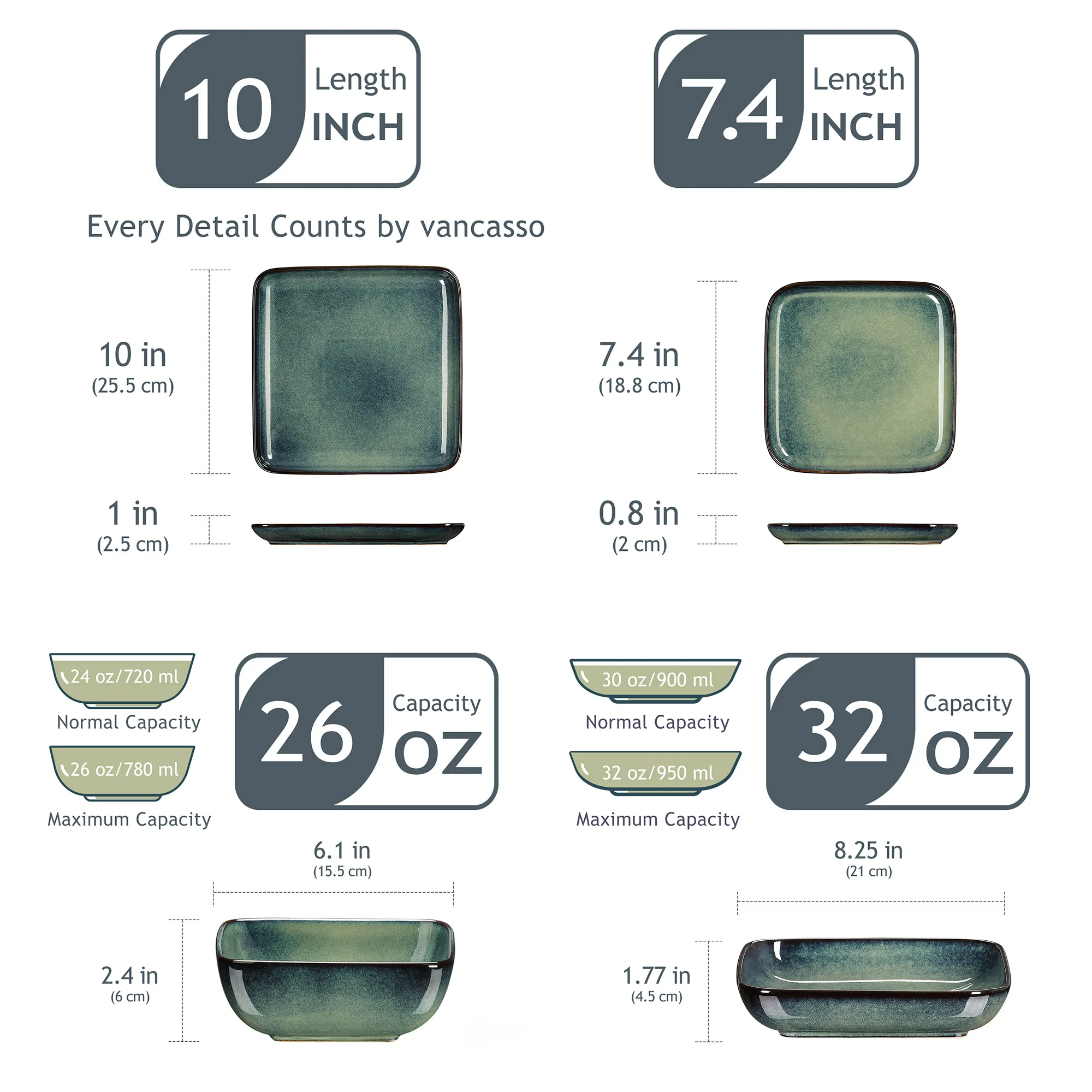 Vancasso Stern 16-Piece Green Square Dinner Set - Kiln-Change Glaze Ceramic Tableware for 4 - Image 2