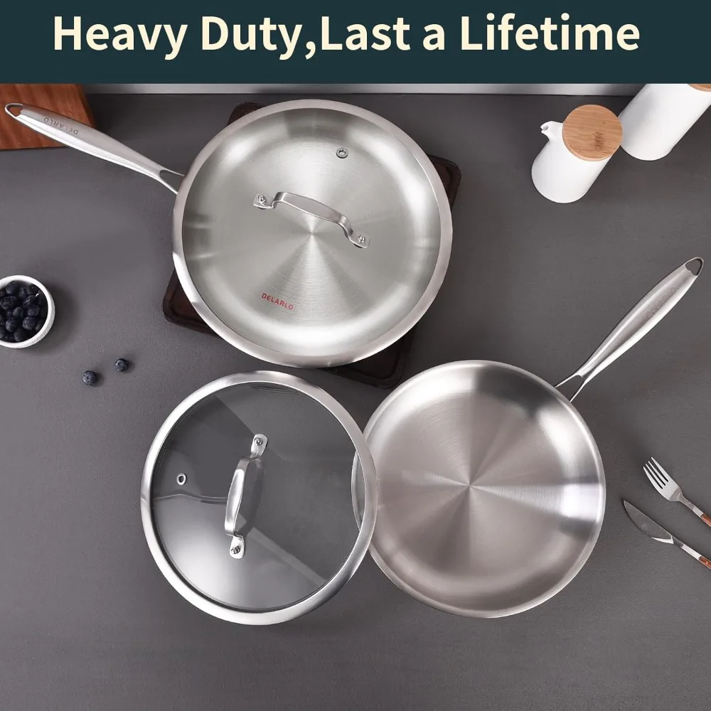Tri-Ply Stainless Steel Frying Pan Set with Lids – 8" & 10" Induction Compatible Skillets - Image 5